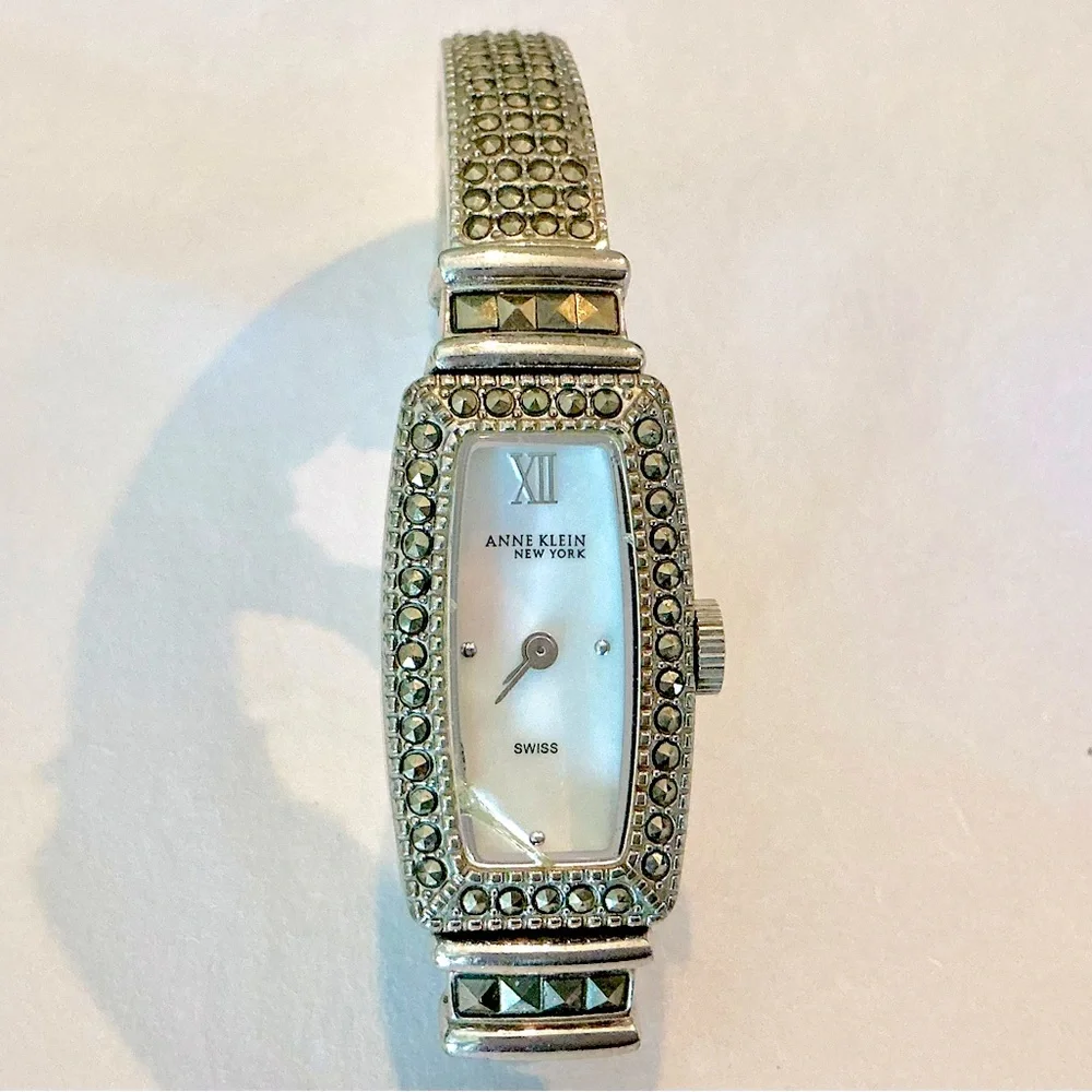 Vintage Anne Klein Marcasite Bracelet Watch Mother of Pearl